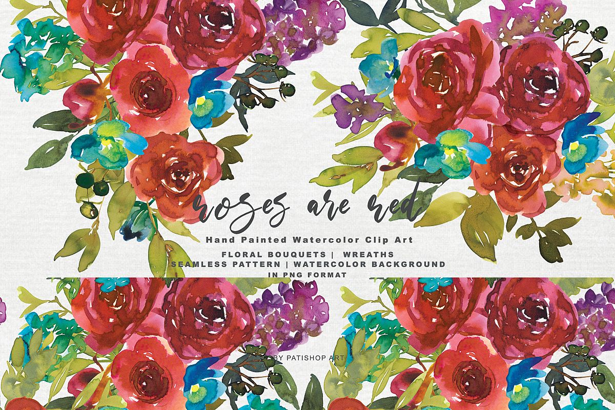 Watercolor Red & Blue Flowers Clipart Collection example image 1