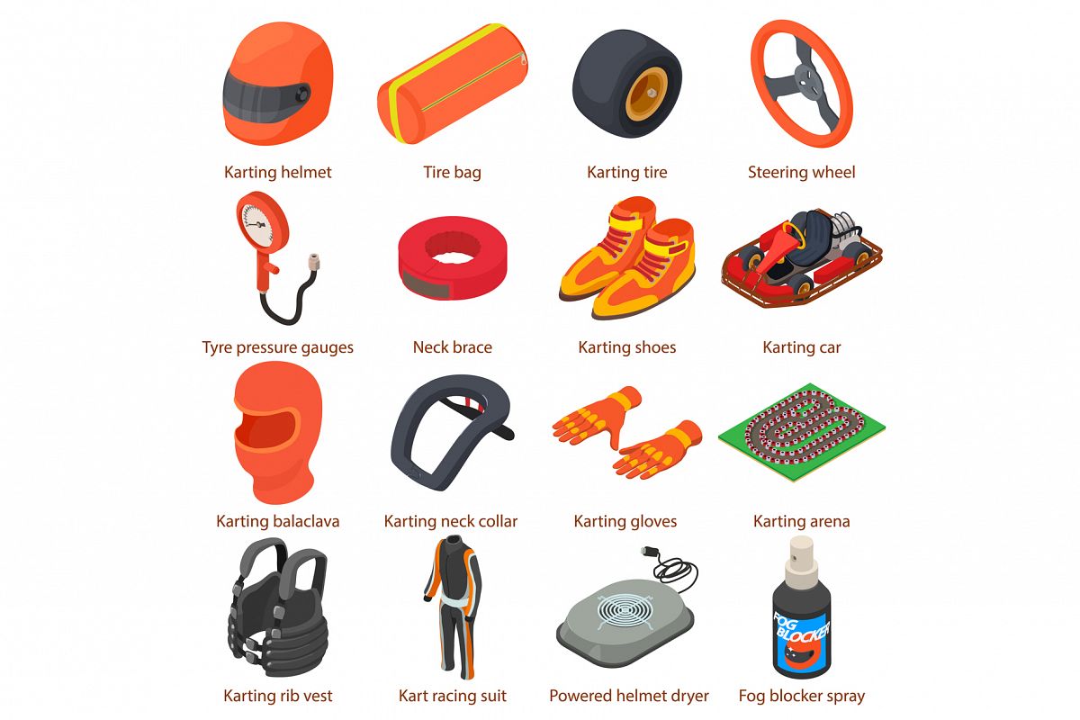 Karting equipment icons set, isometric style example image 1
