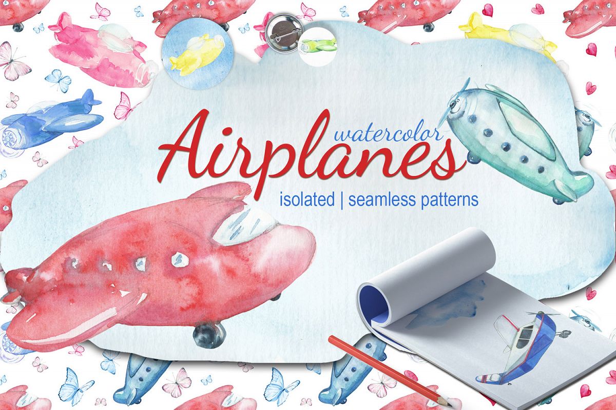 Watercolor Kid's airplanes clipart, patterns example image 1