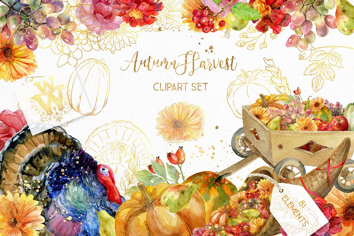 Thanksgiving fall harvest clipart, with cornucopia and turke example image 1