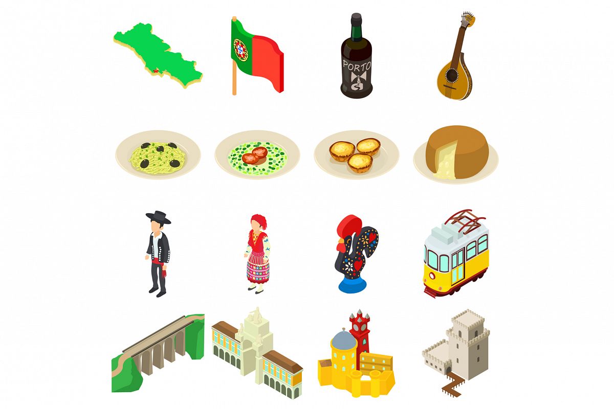 Portugal travel icons set, isometric style example image 1