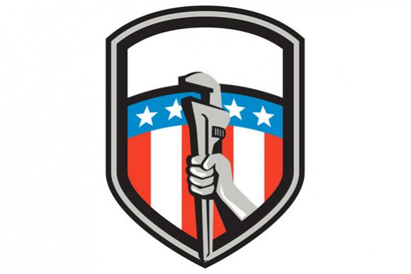 Plumber Hand Pipe Wrench USA Flag Shield Retro example image 1