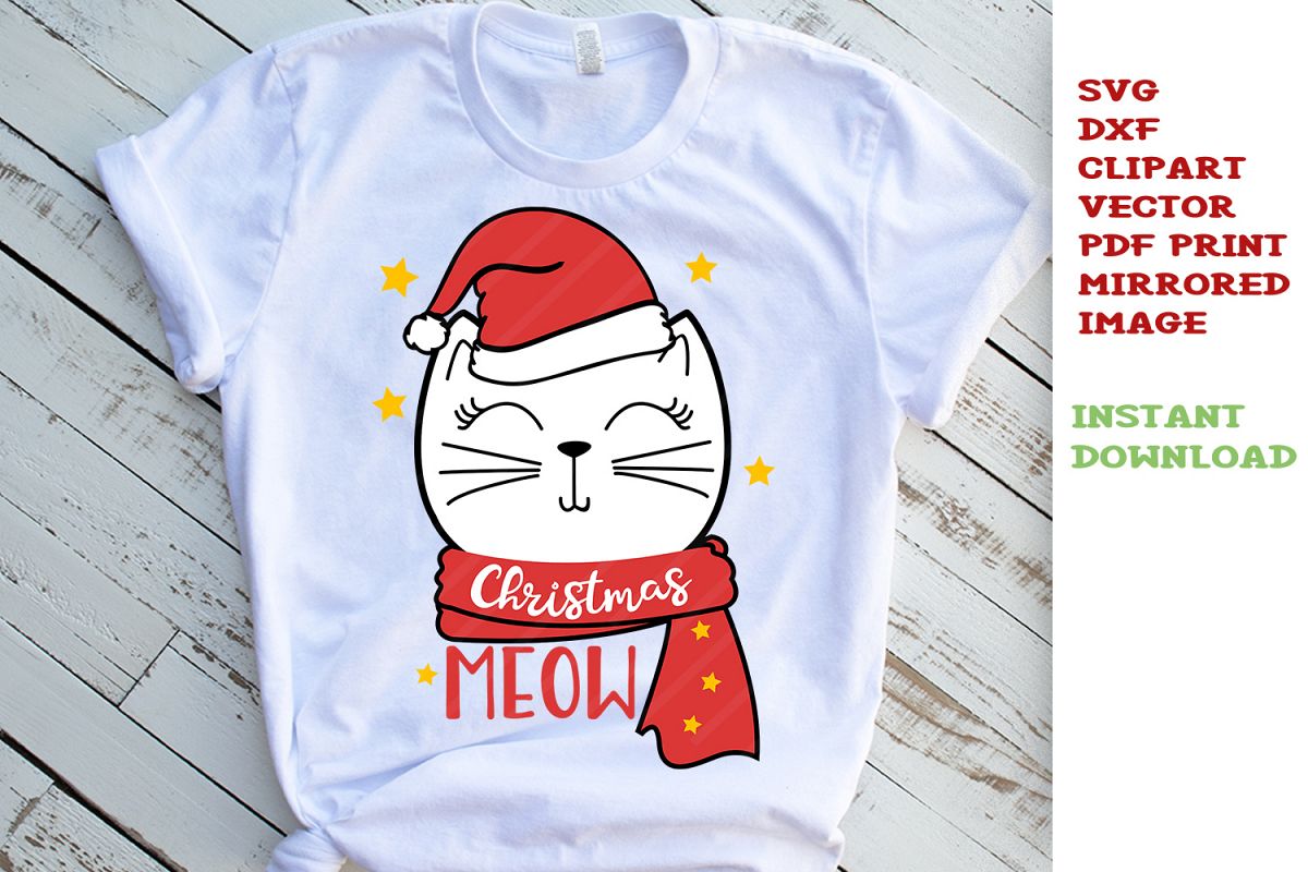 Download Christmas Cat in Santa Hat SVG Clipart Dxf Vector Printable