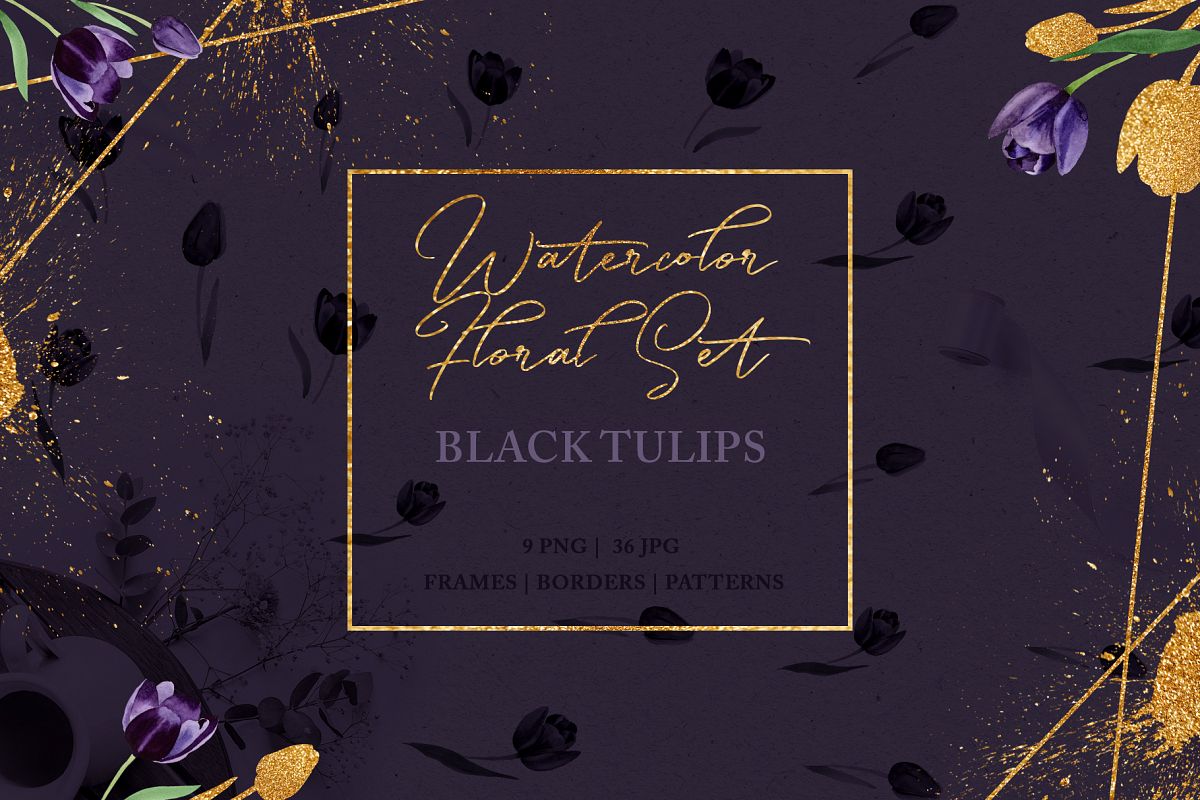 Wonderful black tulips PNG watercolor flower set example image 1