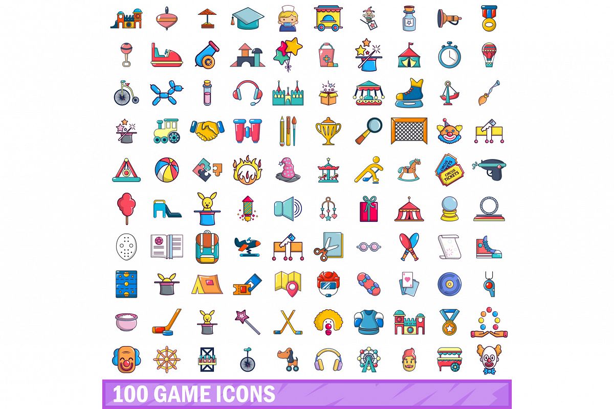 100 game icons set, cartoon style example image 1
