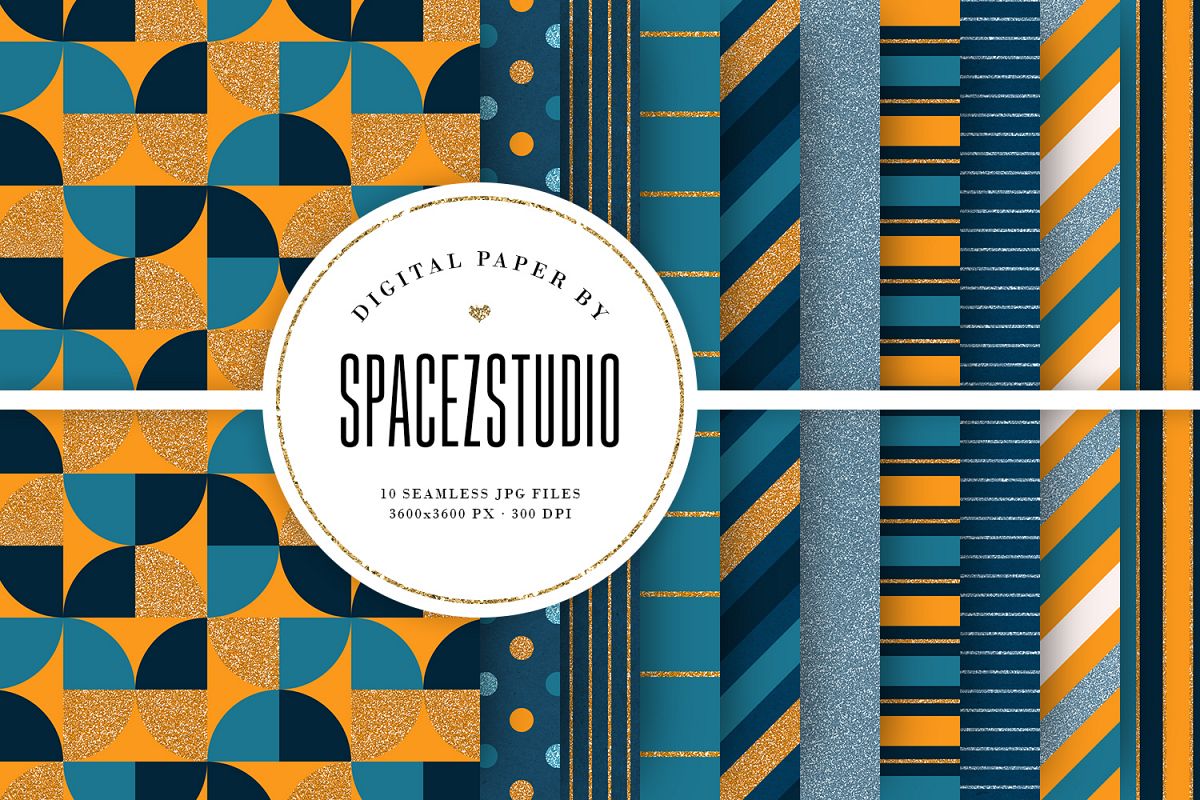 Navy, Orange & Glitter Tileable Geomteric Digital Paper example image 1