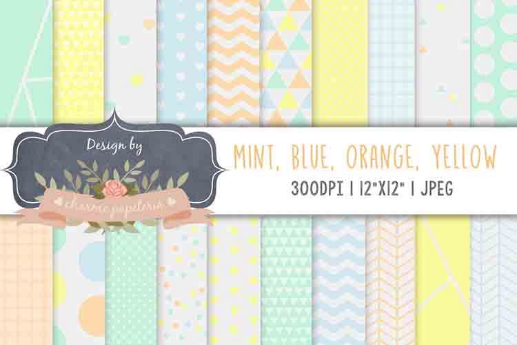 Pastel orange blue mint yellow digital papers, triangles example image 1