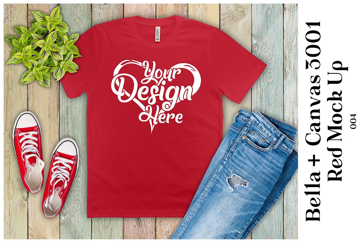 Mens T-Shirt Mockup Red Bella Canvas 3001 Mock up example image 1