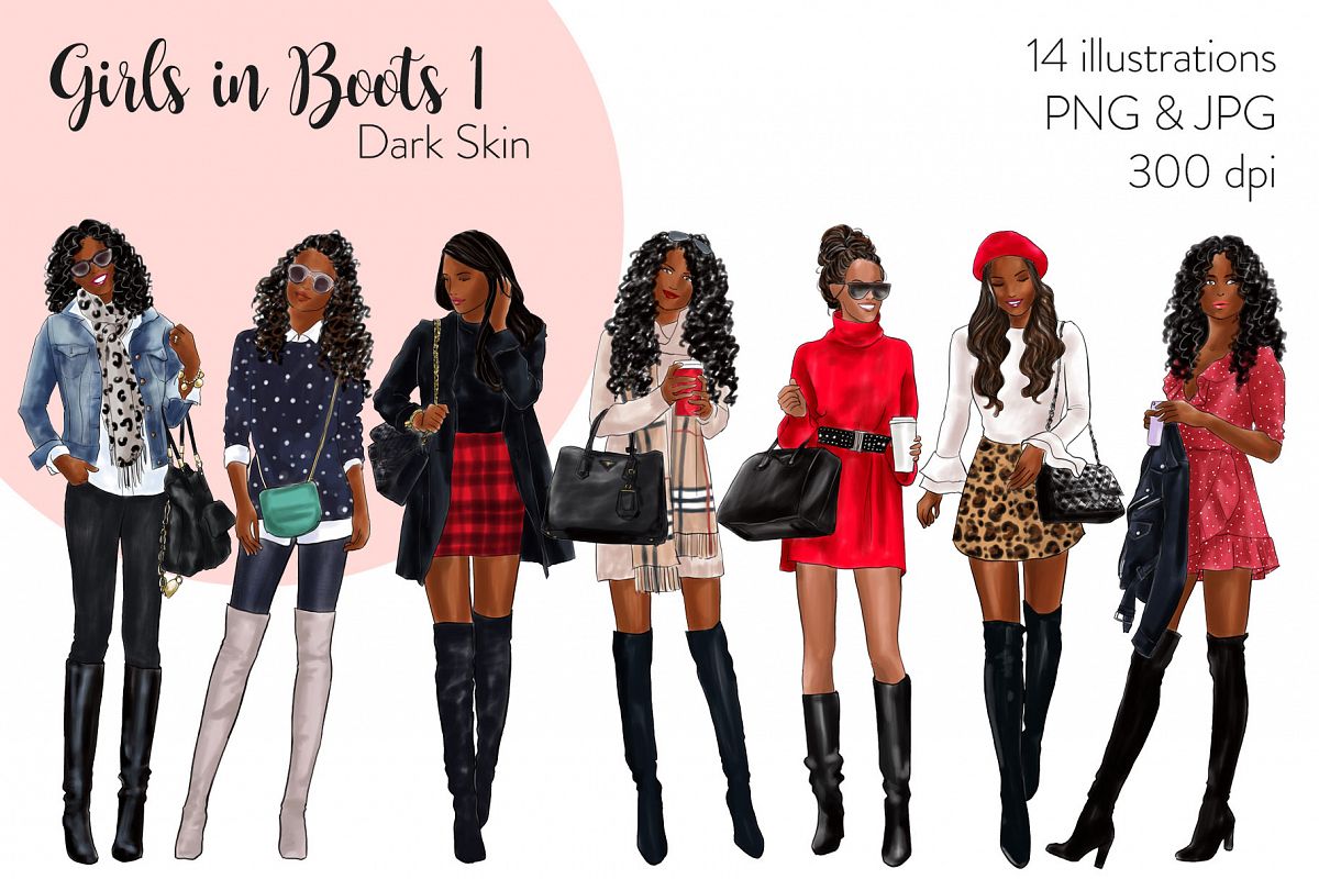 Fashion illustration clipart - Girls in Boots 1 - Dark Skin example image 1