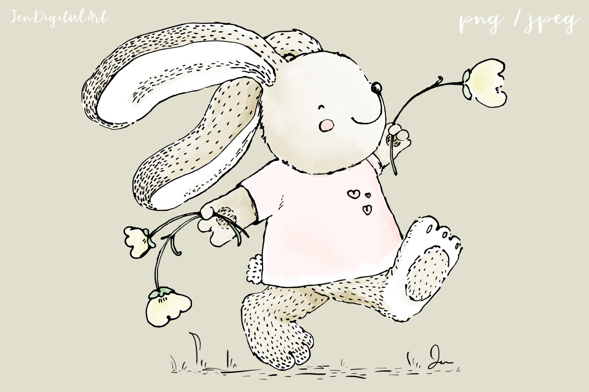 Cute 'Rabbit Skipping with Flowers' | Clip Art Illustration example image 1