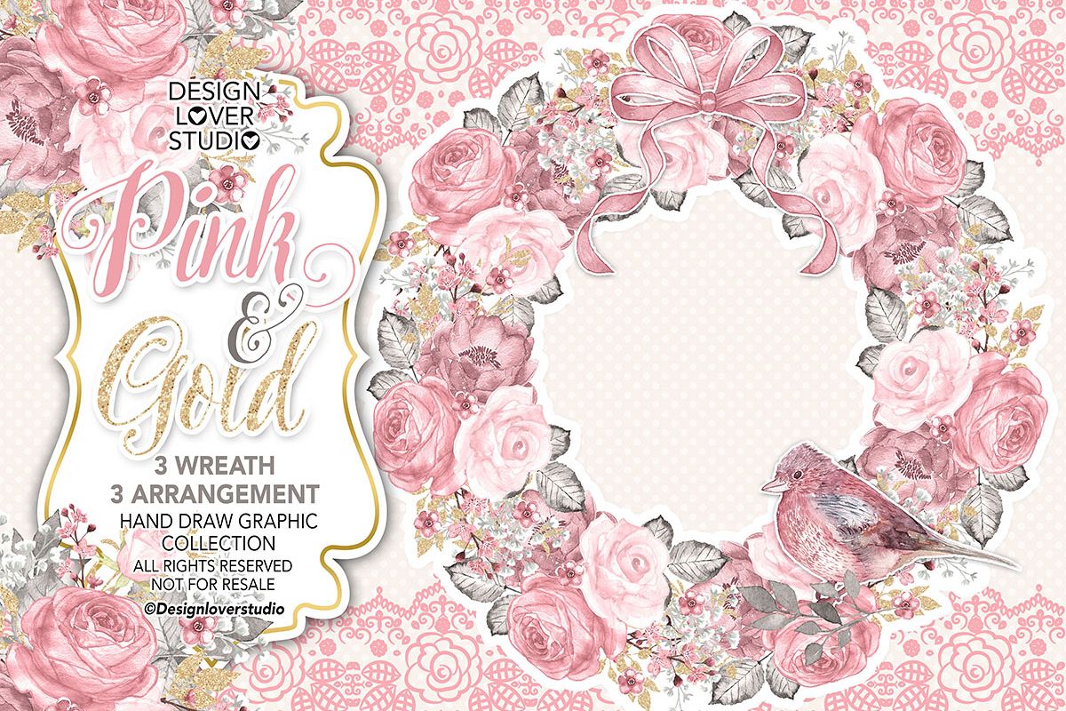 Watercolor PINK and GOLD wreath example image 1