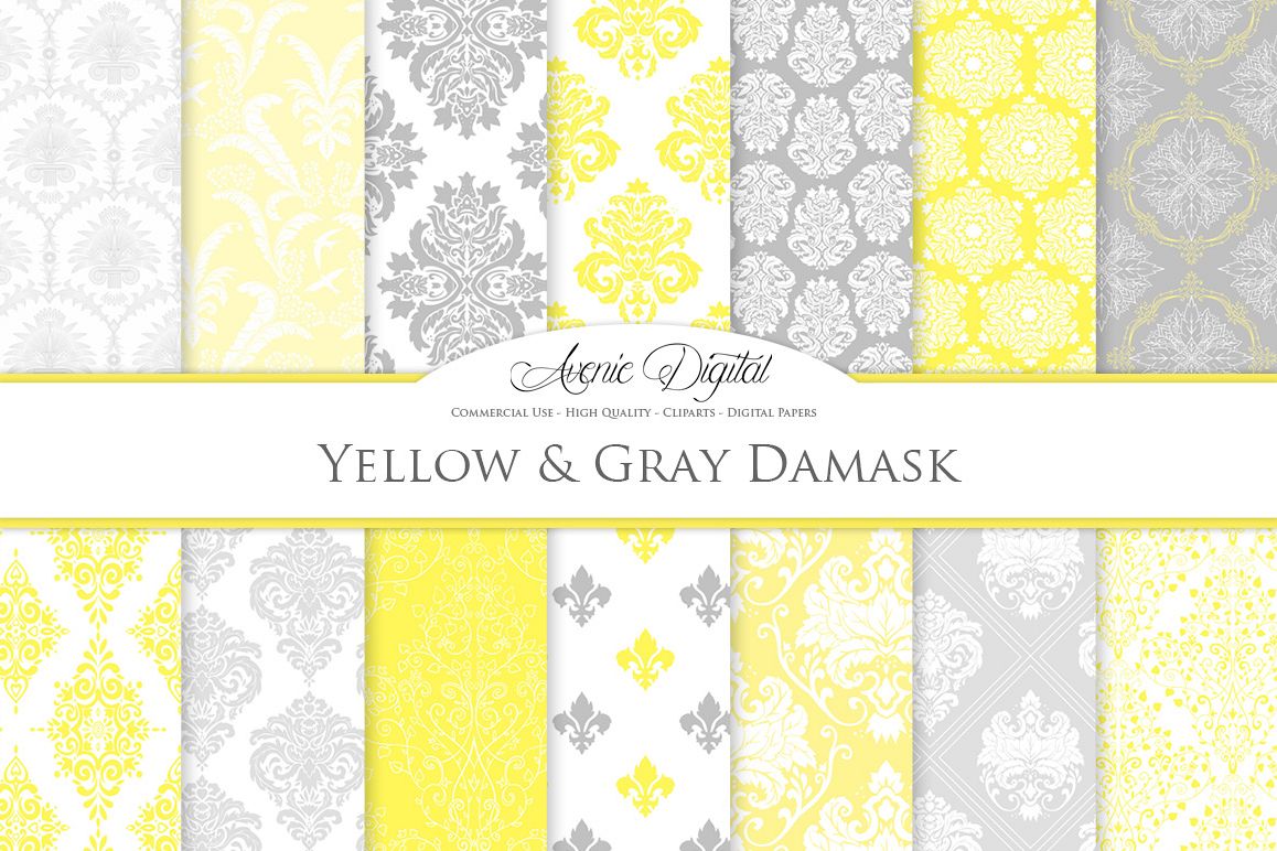 28 Yellow and Gray Damask Patterns - Seamless Digital Papers Bundle example image 1