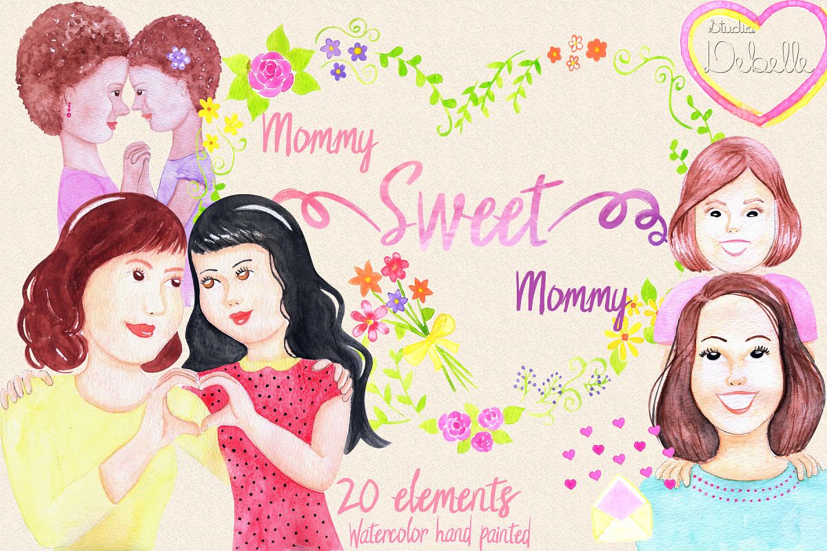 MOMMY SWEET MOMMY - watercolor handmade clipart collection - 20 elements example image 1