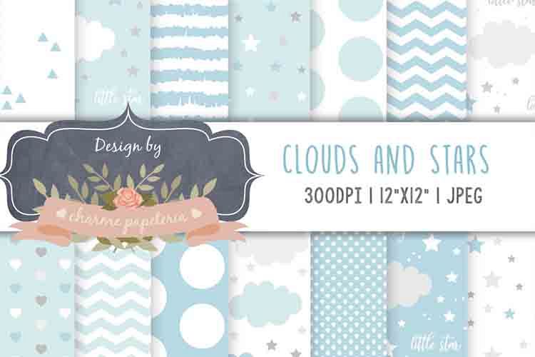 Cute Clouds Grey and Blue Stars Dreams Digital Paper Baby example image 1
