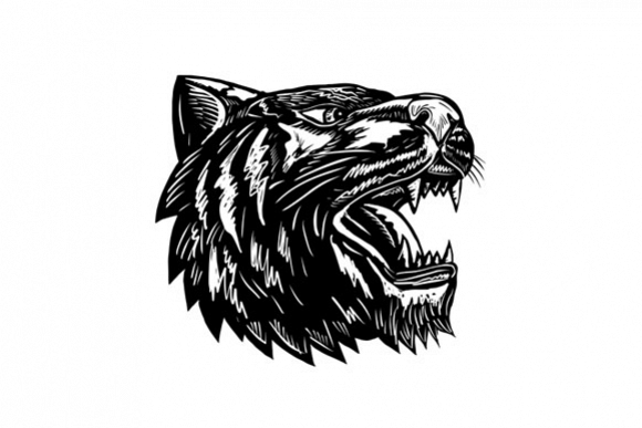 Growling Tiger Woodcut Black and White example image 1