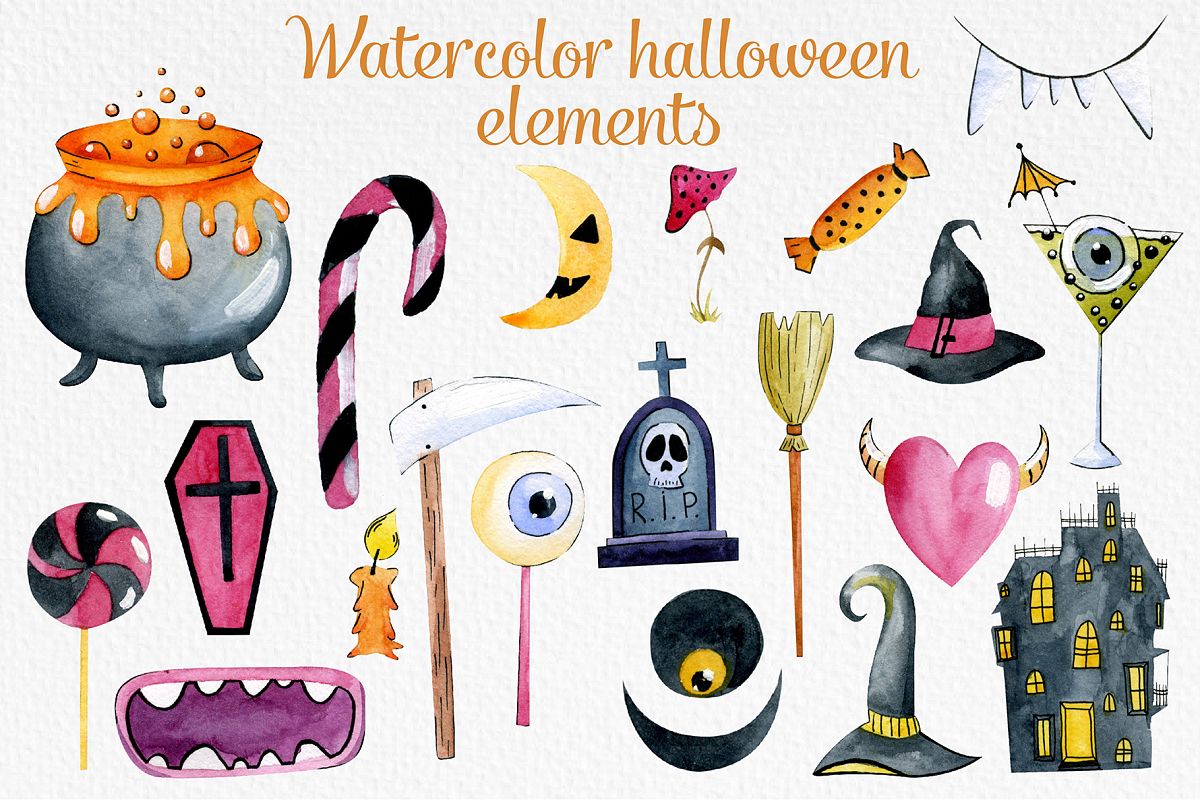 Watercolor halloween elements example image 1