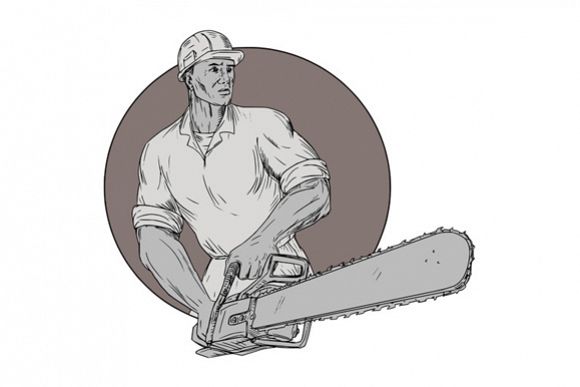 Lumberjack Arborist Holding Chainsaw Oval Drawing example image 1