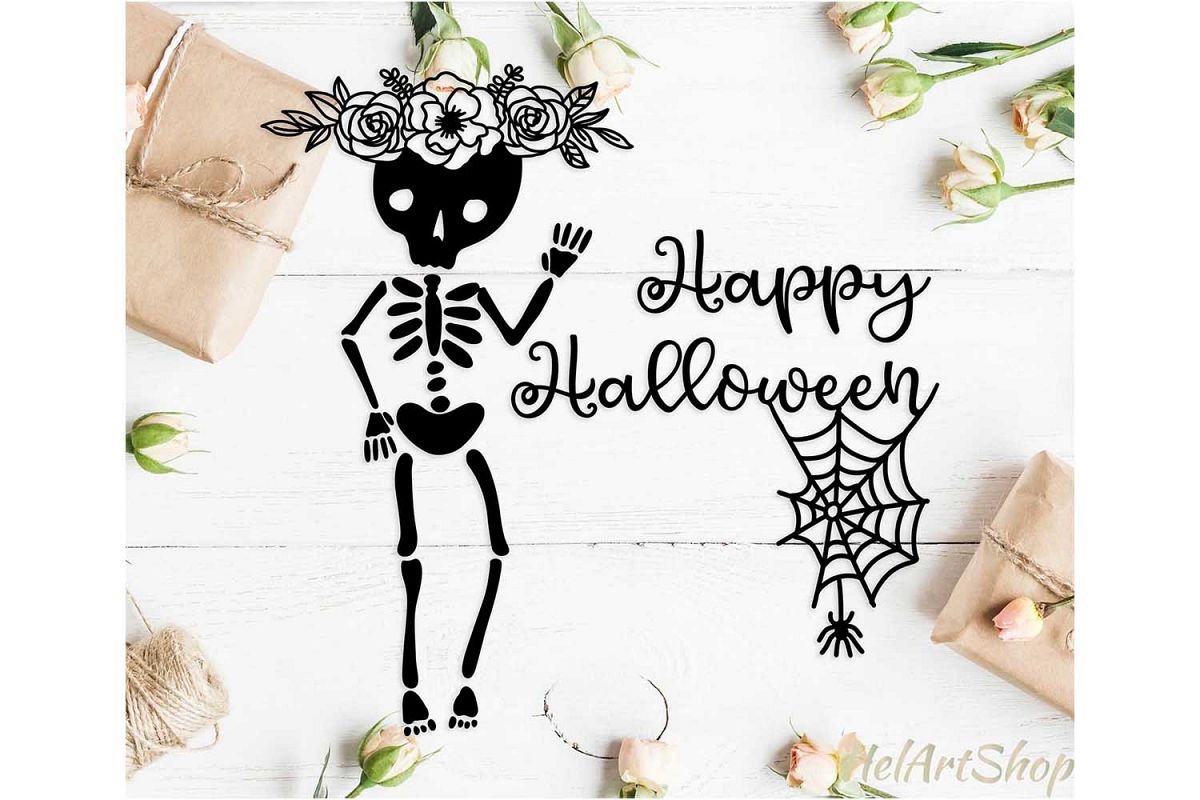 Floral halloween skeleton svg, Happy halloween svg example image 1