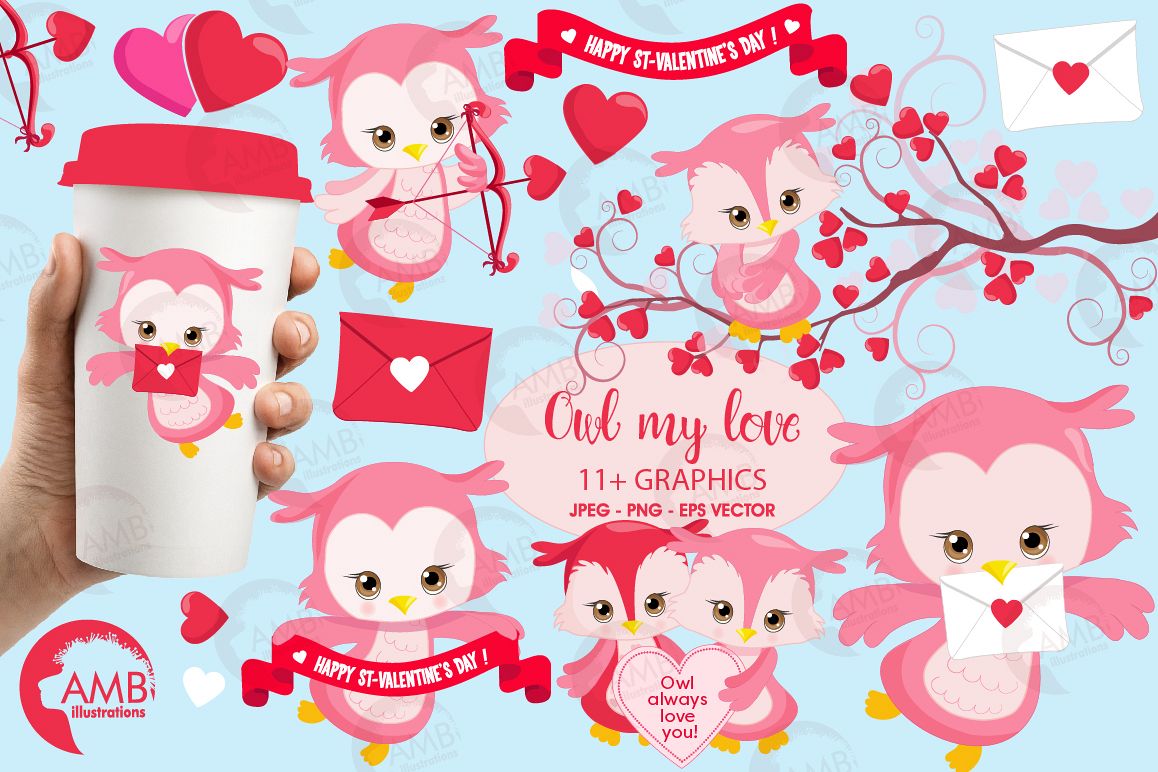 Happy Valentine clipart, Valentine owls clipart, graphics illustrations AMB-1179 example image 1