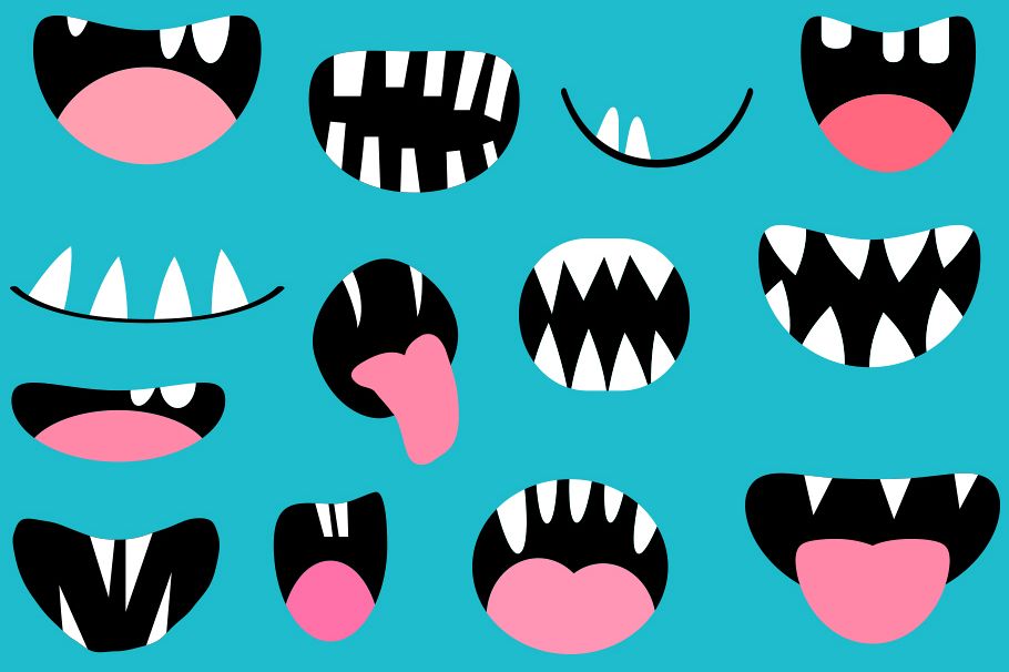 Funny monster mouths clipart set Halloween teeth and tongues (139912