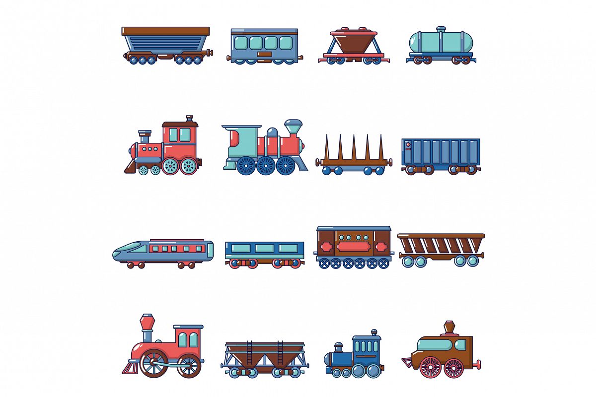 Railway carriage icons set, cartoon style example image 1