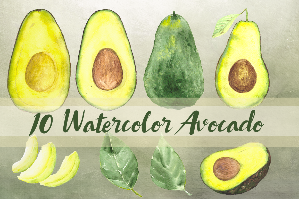 10 Watercolor Avocado Clip Art Set example image 1