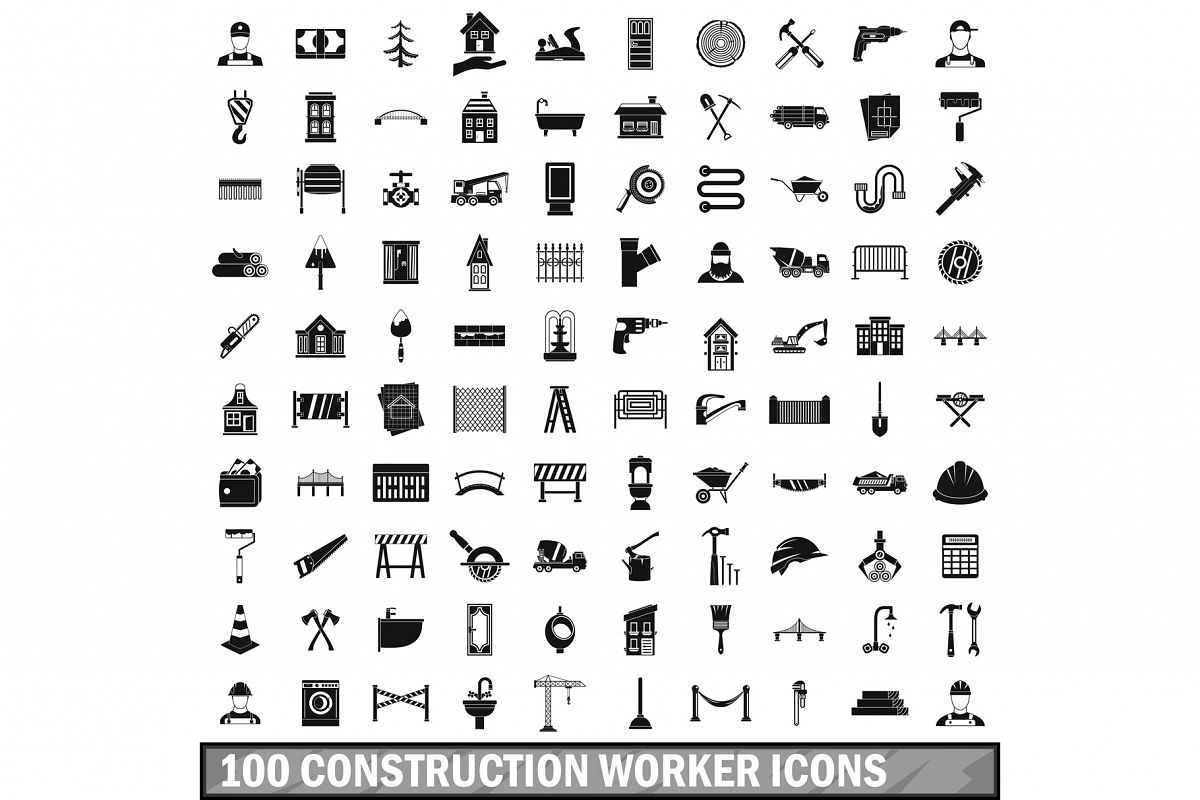 100 construction worker icons set, simple style example image 1
