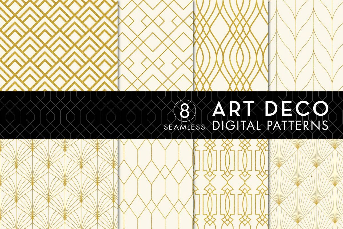 8 Seamless Art Deco Patterns - Ivory & Gold Set 1 example image 1