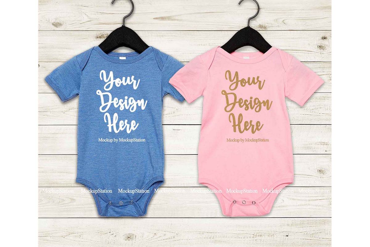 Baby Blue Pink Bodysuit Mockup Flat Lay On Hangers Display example image 1