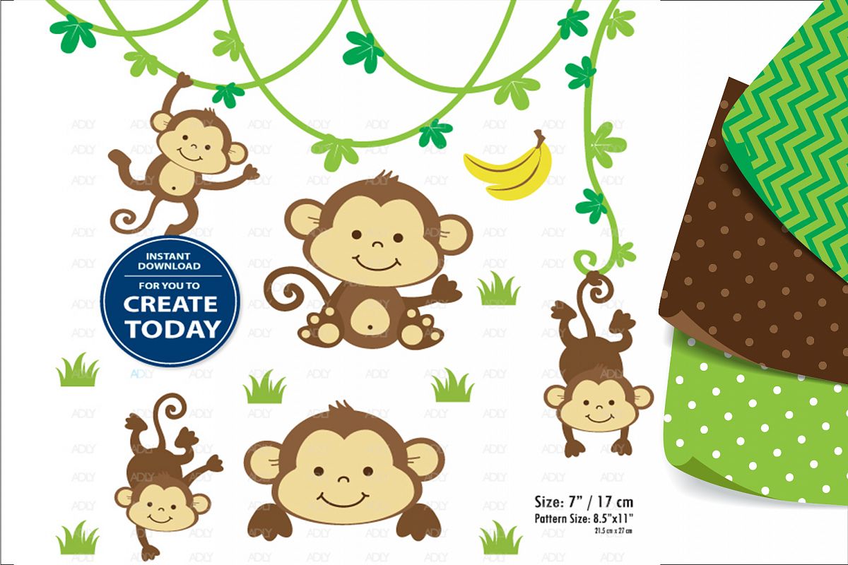 Monkey Sitting Pose Boy with Banana, Clip Art,Digital Print example image 1