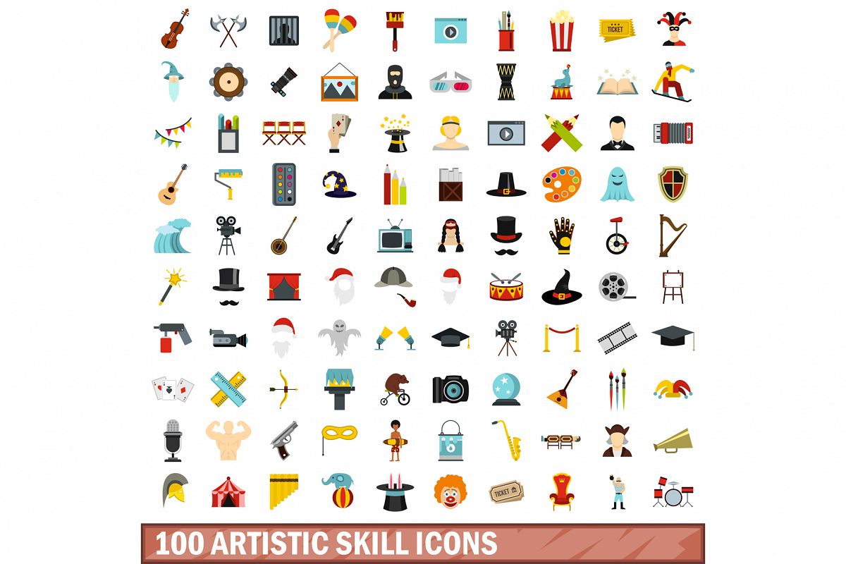 100 artistic skill icons set, flat style example image 1