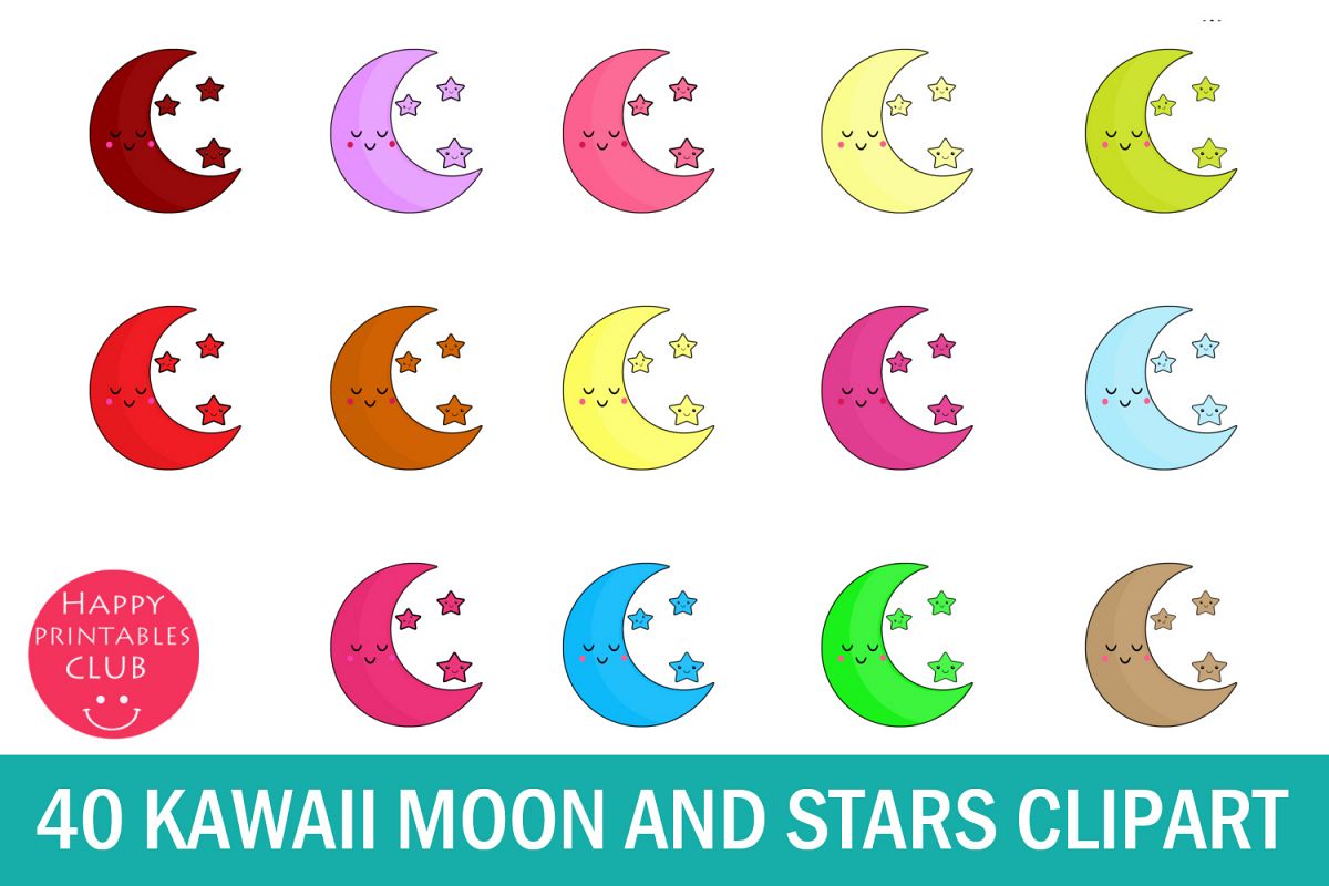 40 Kawaii Moon Stars Clipart- Kawaii Crescent Moon Clipart example image 1