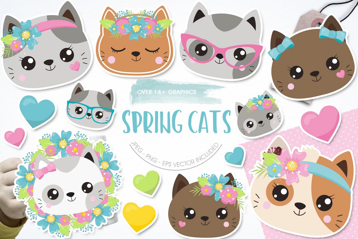 Spring Cats Graphics and illustrations, vector