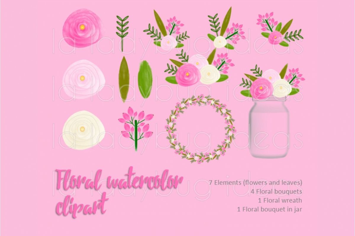 Pink and white floral watercolor clip art collection. example image 1