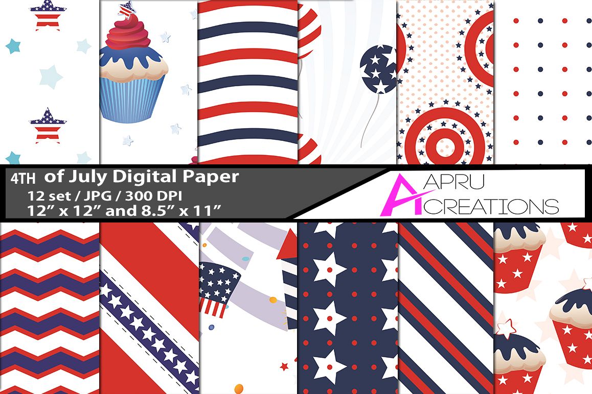 4th of july digital papers, 4th of july pattern, digital papers, high quality 300 dpi, 12 x 12 inch , and 8.5 x 11 inch example image 1