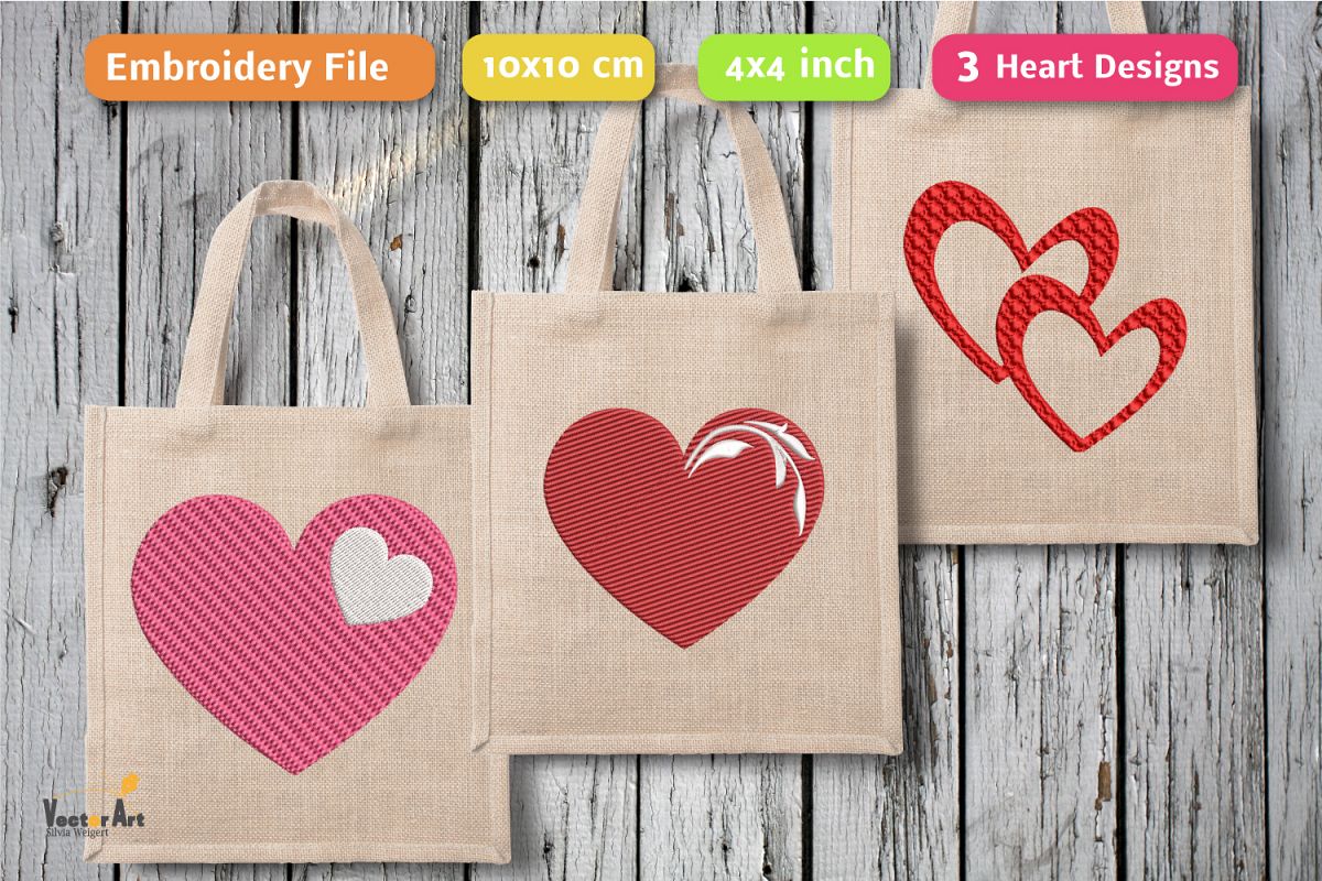 3 Hearts - Set - Embroidery File - 4x4 inch example image 1