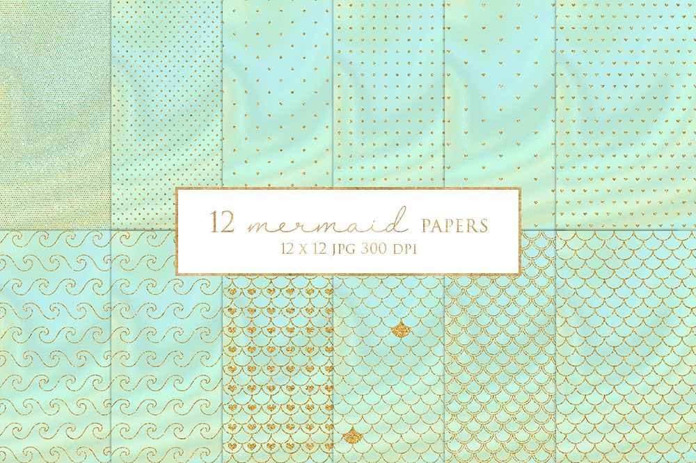 12 Gold Glitter Mermaid Digital Paper Pack example image 1