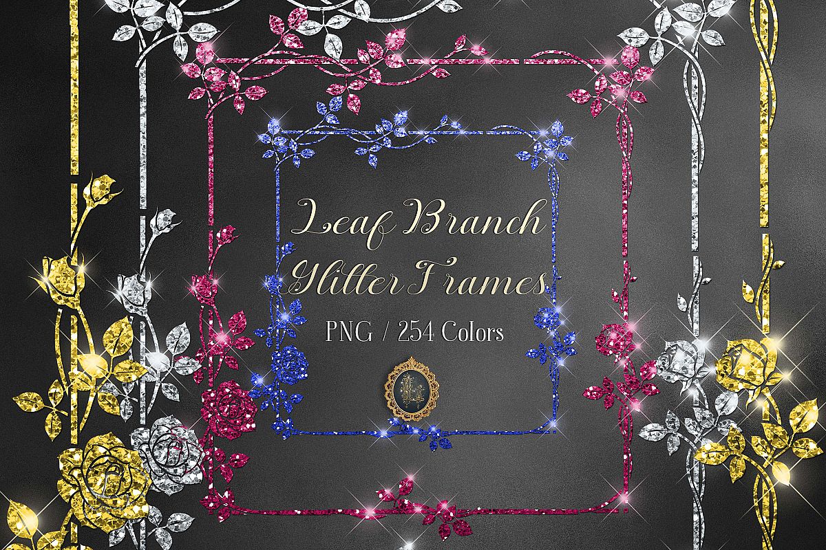 254 Glitter Leaf Branch Border Frame Clip Art Bridal Shower example image 1