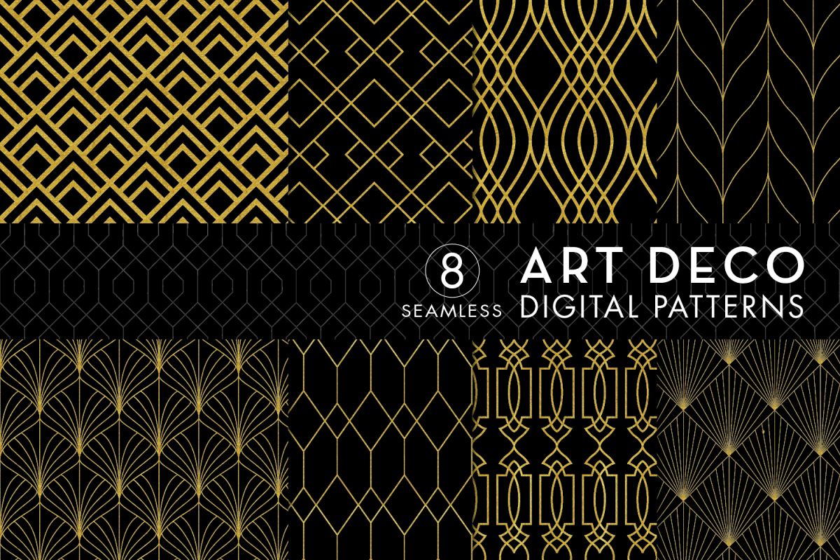 8 Seamless Art Deco Patterns - Black & Gold Set 1 example image 1