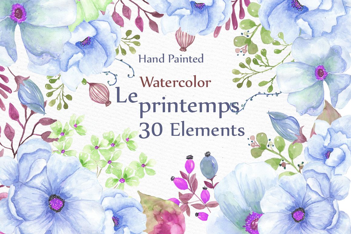 Watercolor blue flowers clipart example image 1