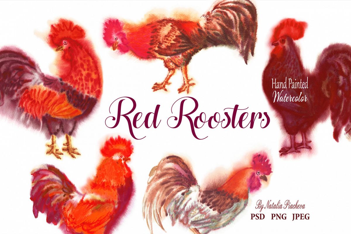 Red Watercolor Roosters example image 1