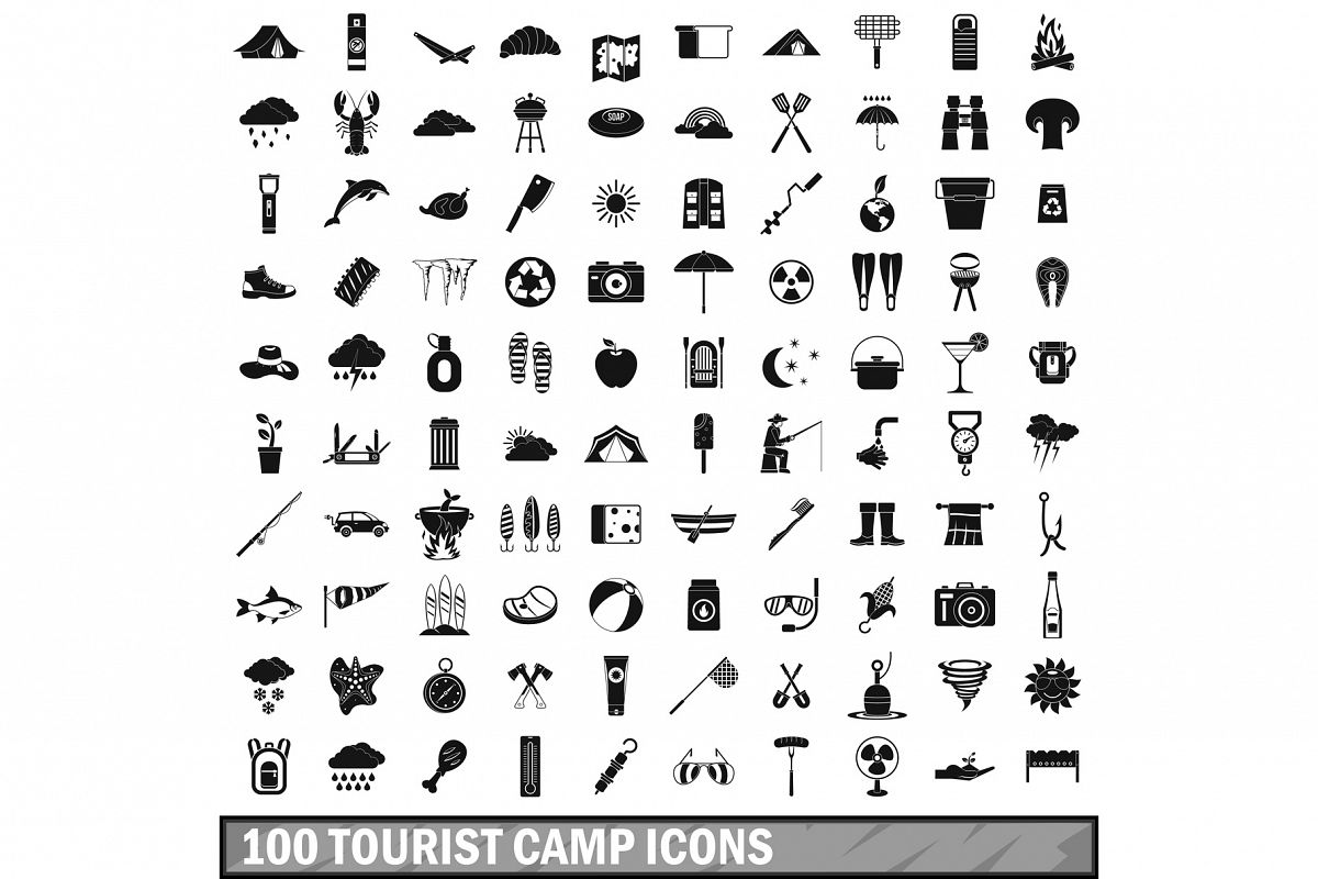 100 tourist camp icons set, simple style example image 1