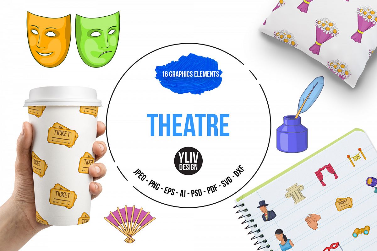 Theatre icons set, cartoon style example image 1