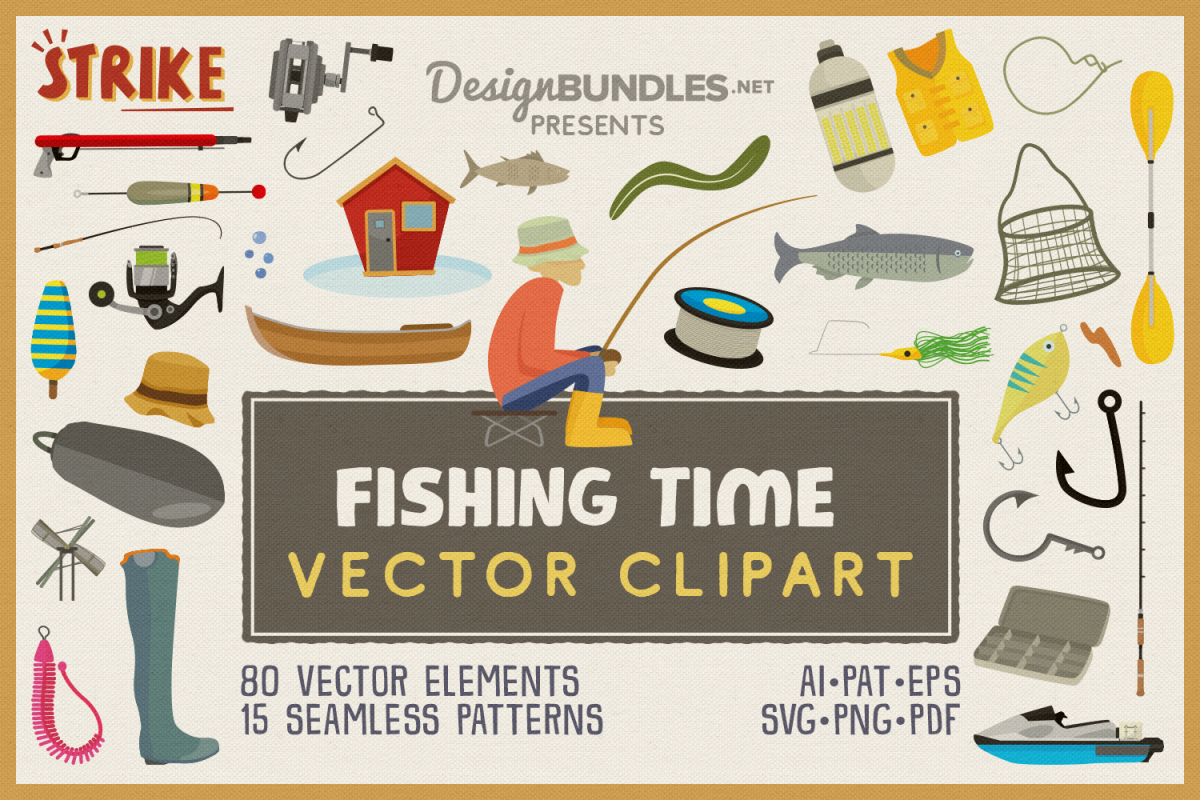 Fishing Time Vector Clipart and Seamless Pattern example image 1