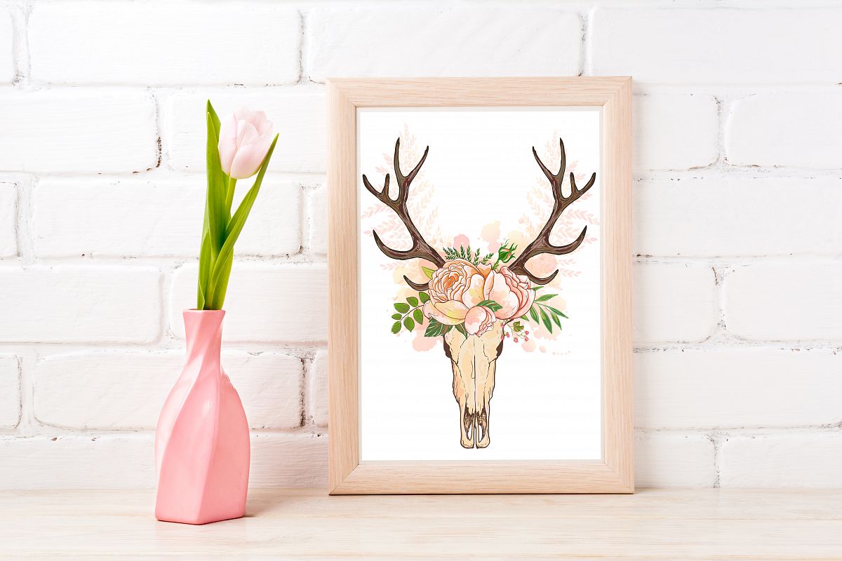 Floral Scull Wall Art Printable - Instant Digital Download example image 1