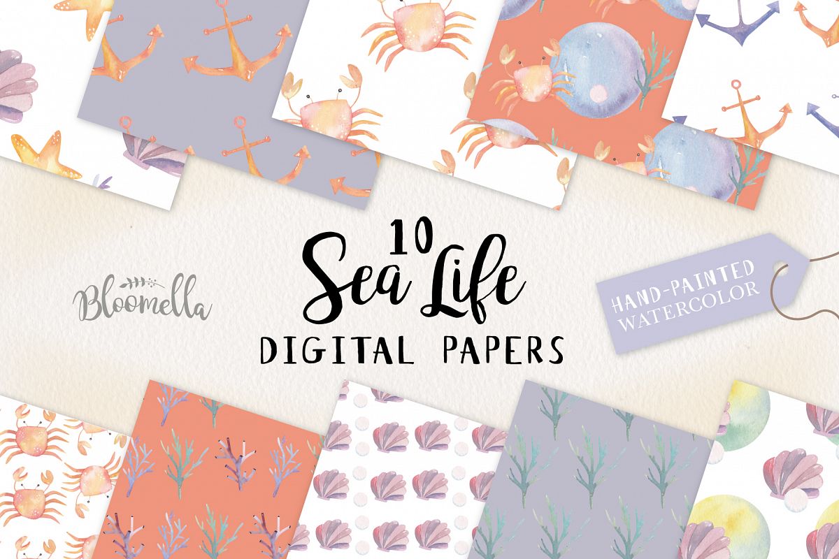 Sea Life Seamless Patterns Digital Papers Crabs Coral Fun example image 1