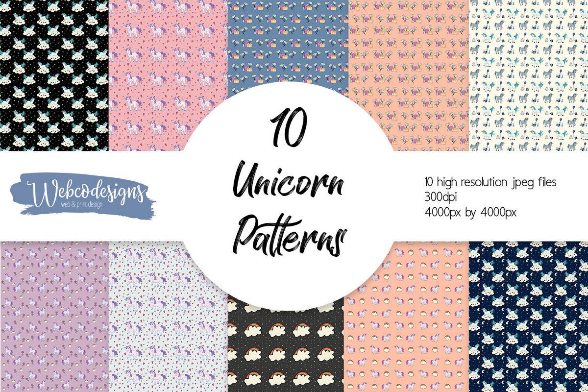10 Unicorn Themed Seamless Patterns example image 1