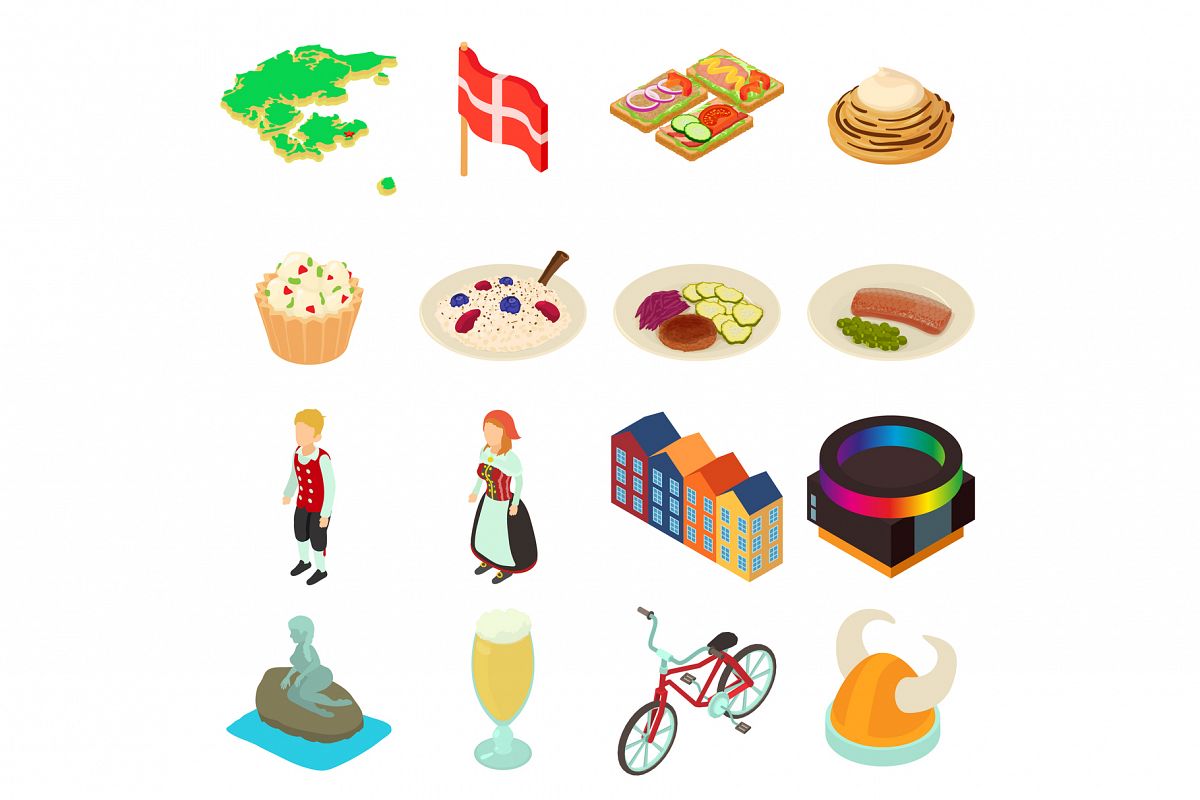 Denmark travel icons set, isometric style example image 1
