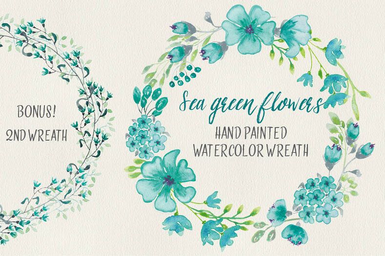 Watercolor wreath of sea green flowers example image 1