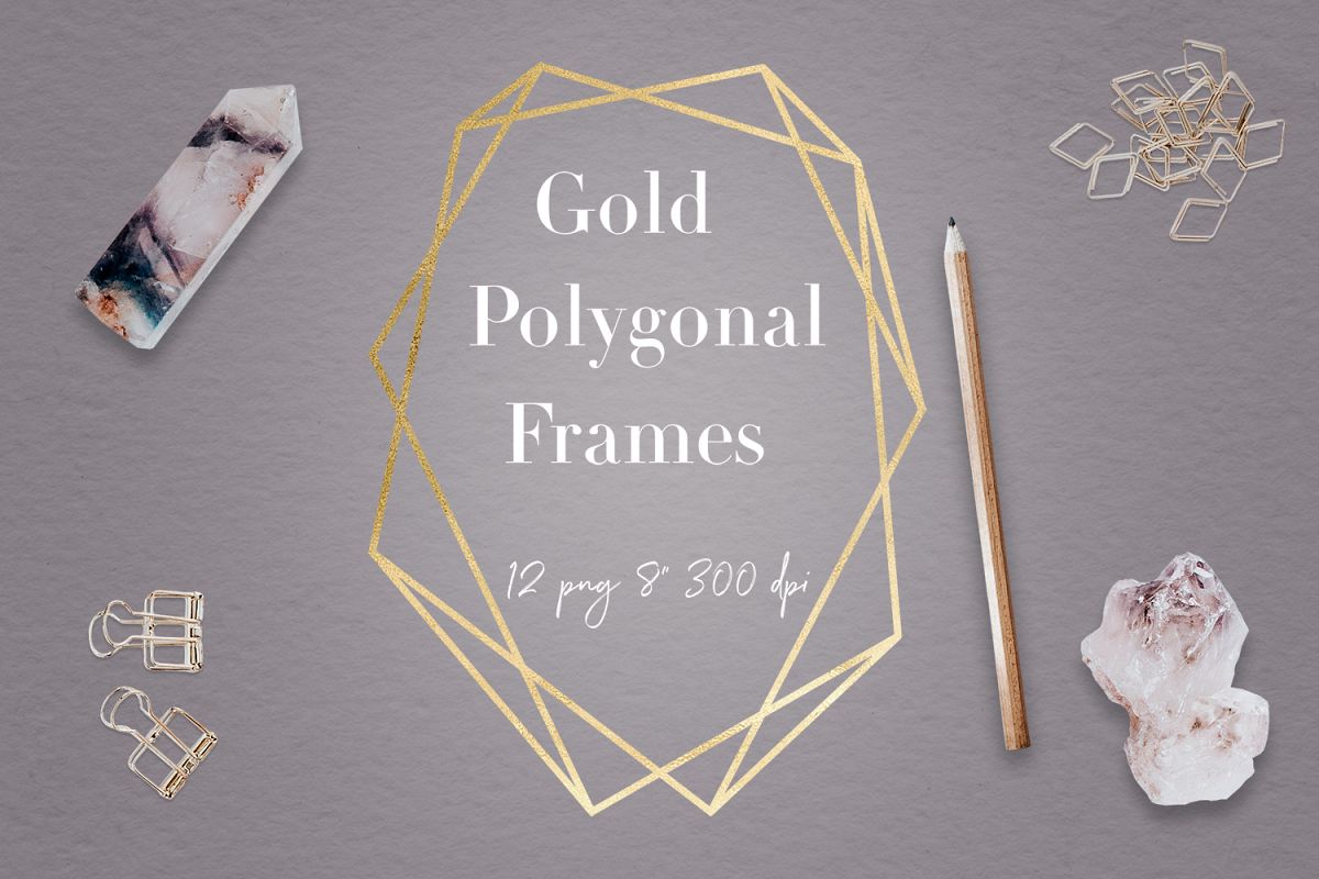 Gold Geometric Frames, Modern Polygonal Frame Clipart example image 1